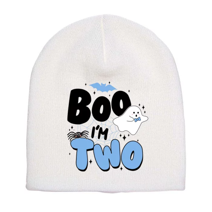 Cute Funny Halloween Boo Im Two Birthday Ghost Boy Short Acrylic Beanie