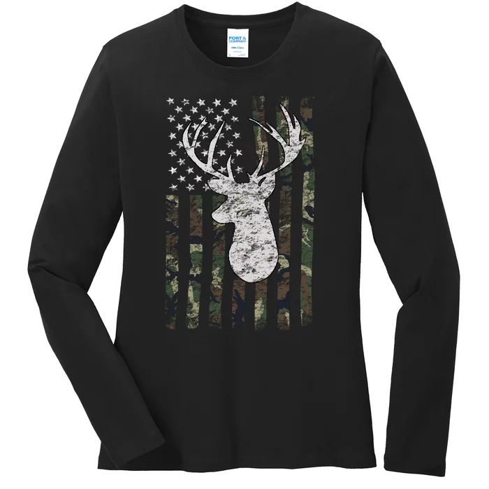 Camouflage Flag Hunter Buck Deer Hunting Ladies Long Sleeve Shirt