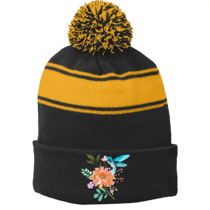 Colorful Flowers Hummingbird Stripe Pom Pom Beanie