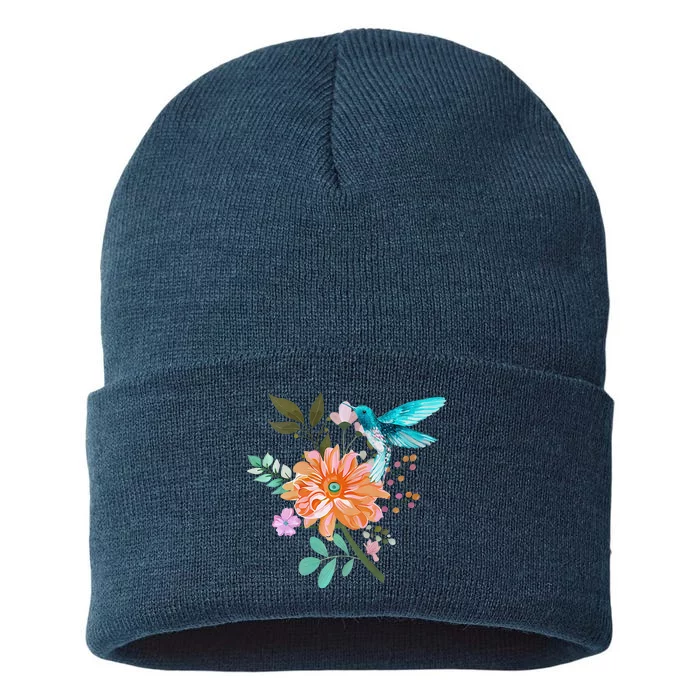 Colorful Flowers Hummingbird Sustainable Knit Beanie