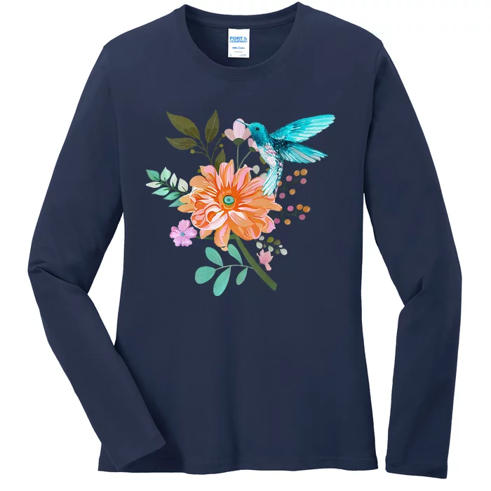 Colorful Flowers Hummingbird Ladies Long Sleeve Shirt