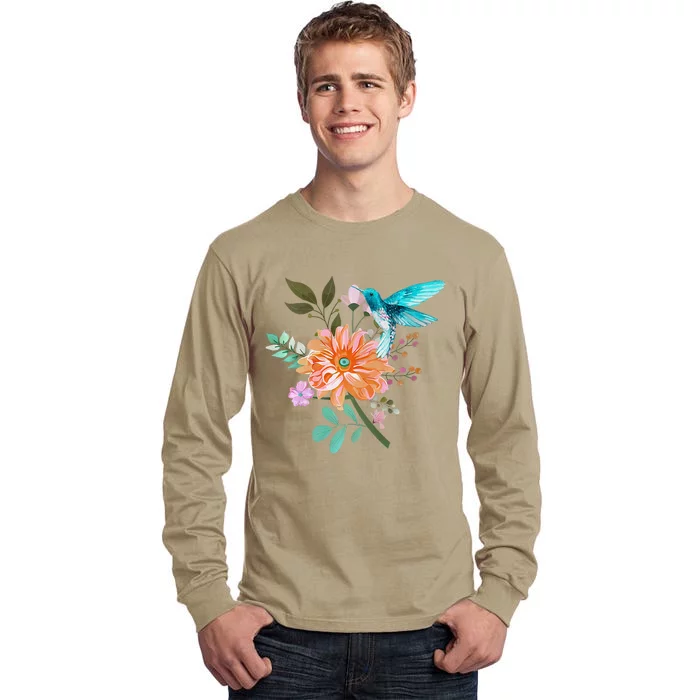 Colorful Flowers Hummingbird Tall Long Sleeve T-Shirt