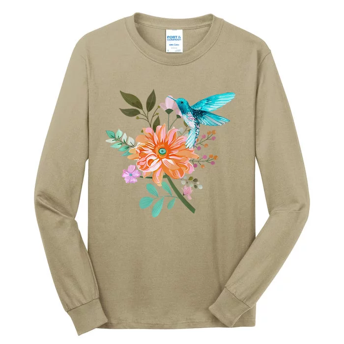 Colorful Flowers Hummingbird Tall Long Sleeve T-Shirt