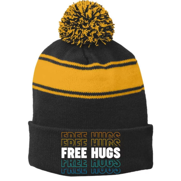 Colorful Free Hugs Pattern Stripe Pom Pom Beanie