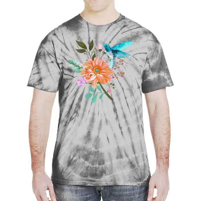 Colorful Flowers Hummingbird Graphic Design Premium Tie-Dye T-Shirt