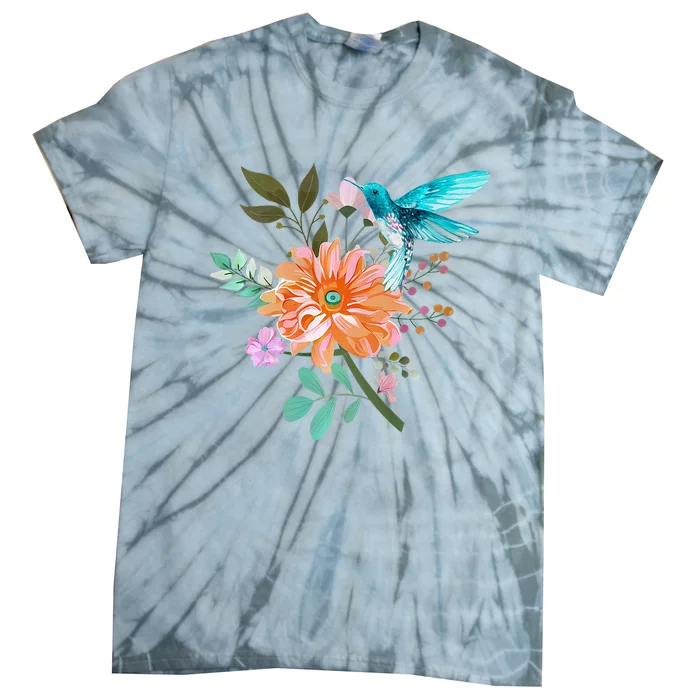 Colorful Flowers Hummingbird Graphic Design Premium Tie-Dye T-Shirt