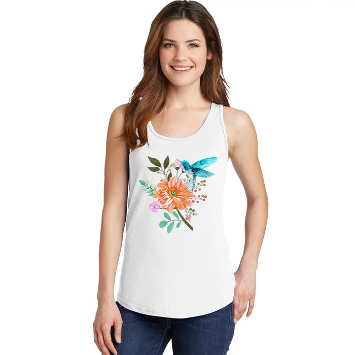 Colorful Flowers Hummingbird Graphic Design Premium Ladies Essential Tank