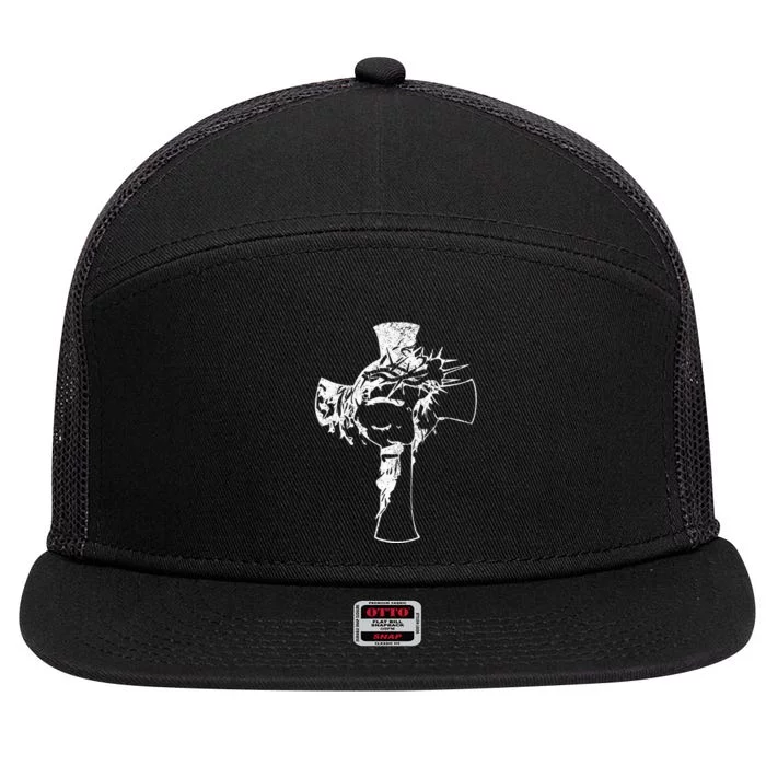 Christ Face In Cross Vintage Bible Verse Religious 7 Panel Mesh Trucker Snapback Hat