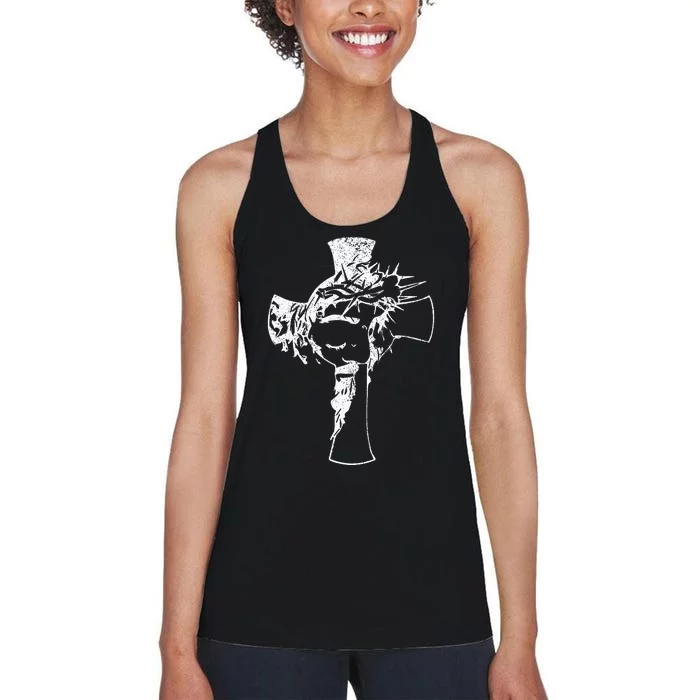 Christ Face In Cross Vintage Bible Verse Religious Women's Racerback Tank