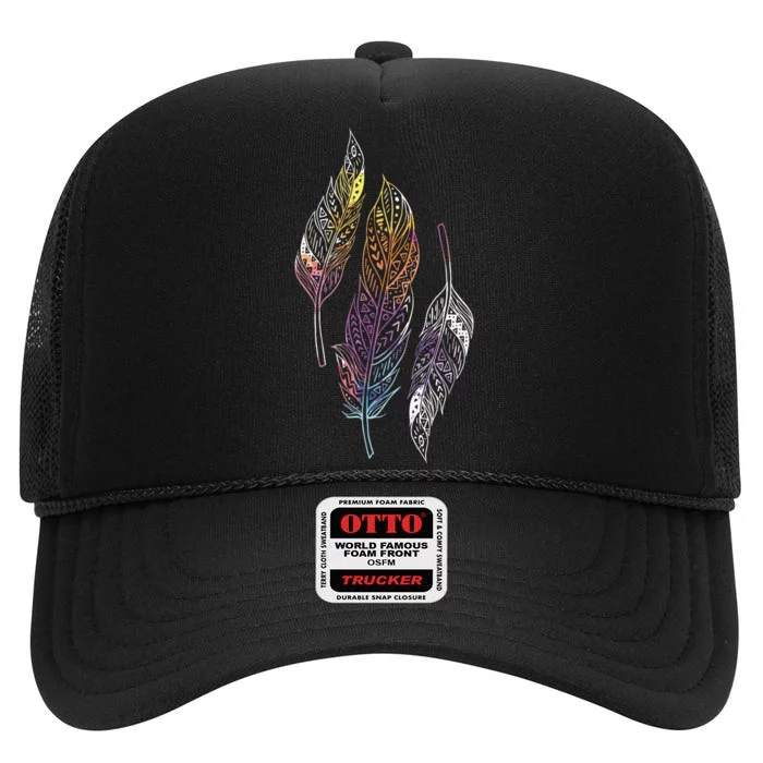 Colorful Feathers Indigenous People Indian Native American High Crown Mesh Trucker Hat