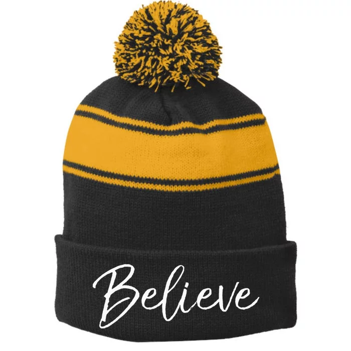 Christian Faith In Christ Quote Christmas Saying Believe Stripe Pom Pom Beanie