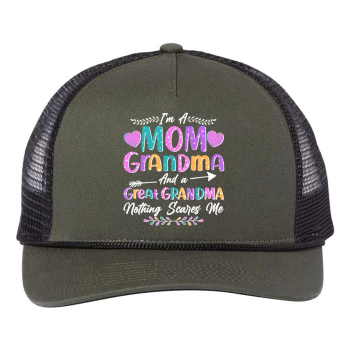 Cute Funny I'm A Mom Grandma And A Great Grandma Nothing Scares Me Retro Rope Trucker Hat Cap