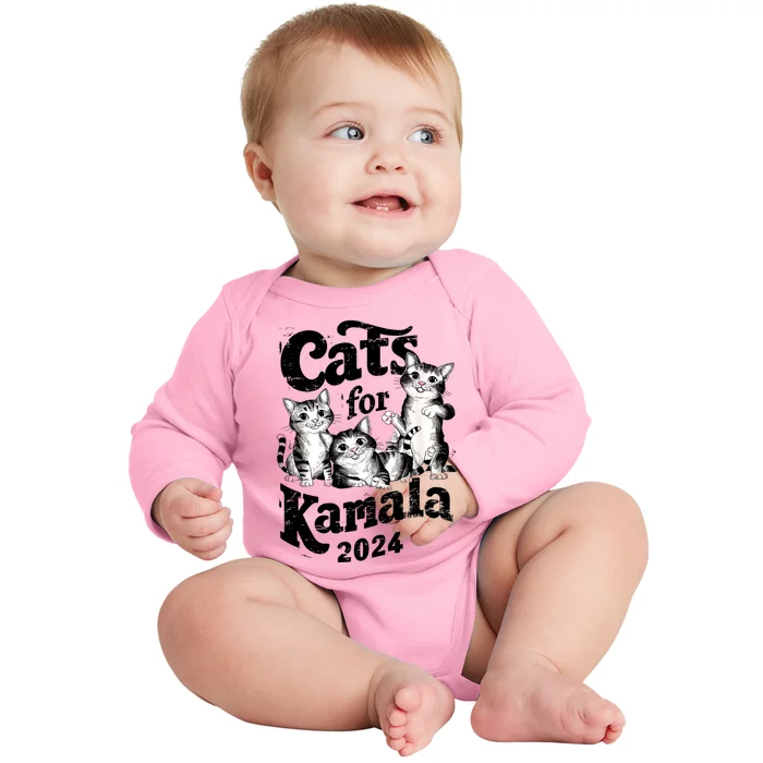 Cats For Kamala 2024 Funny President Kamalaharris Baby Long Sleeve Bodysuit