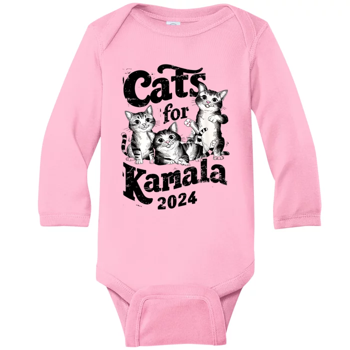 Cats For Kamala 2024 Funny President Kamalaharris Baby Long Sleeve Bodysuit