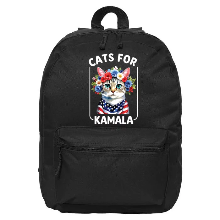 Cat For Kamala Funny Cat With Flowers American Usa Flag 2024 16 in Basic Backpack