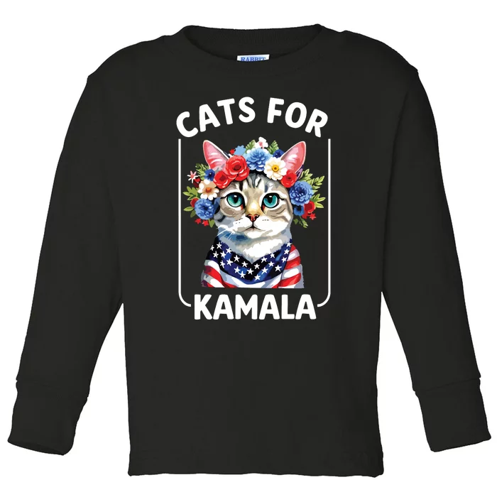 Cat For Kamala Funny Cat With Flowers American Usa Flag 2024 Toddler Long Sleeve Shirt