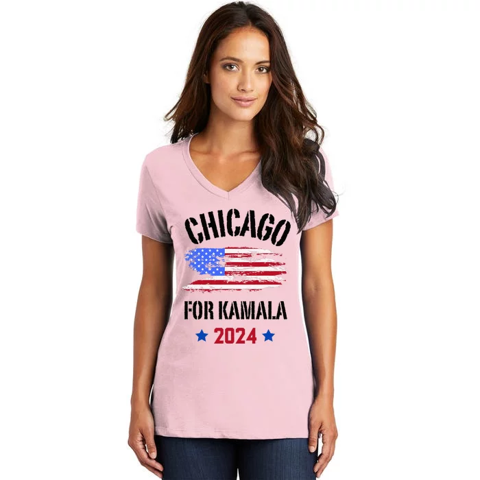 Chicago For Kamala 2024 Dnc Kamala Harris Supporter Women's V-Neck T-Shirt