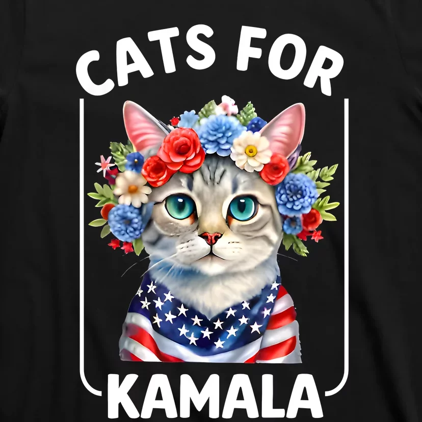 Cat For Kamala Funny Cat With Flowers American Usa Flag 2024 T-Shirt