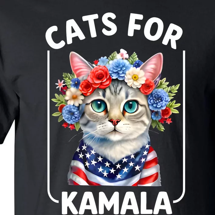 Cat For Kamala Funny Cat With Flowers American Usa Flag 2024 Tall T-Shirt