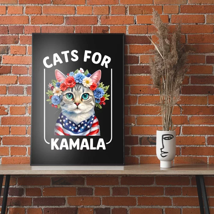 Cat For Kamala Funny Cat With Flowers American Usa Flag 2024 Poster