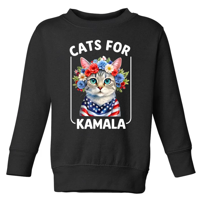 Cat For Kamala Funny Cat With Flowers American Usa Flag 2024 Toddler Sweatshirt