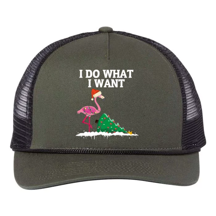 Cute Flamingo Knocking Over Christmas Tree I Do What I Want Gift Retro Rope Trucker Hat Cap