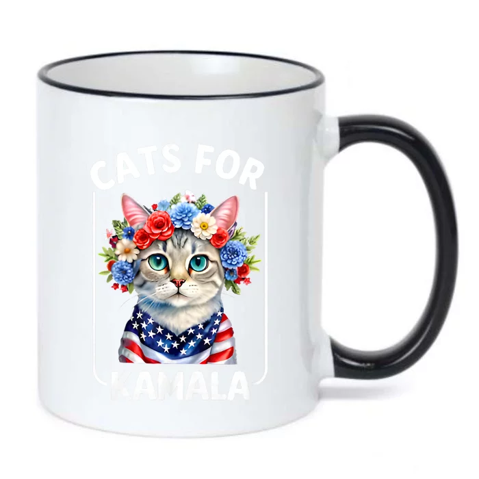 Cat For Kamala Funny Cat With Flowers American Usa Flag 2024 Black Color Changing Mug