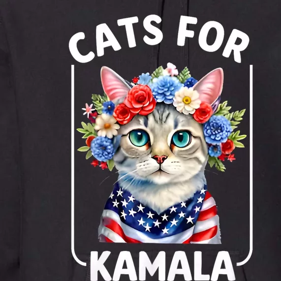 Cat For Kamala Funny Cat With Flowers American Usa Flag 2024 Premium Hoodie