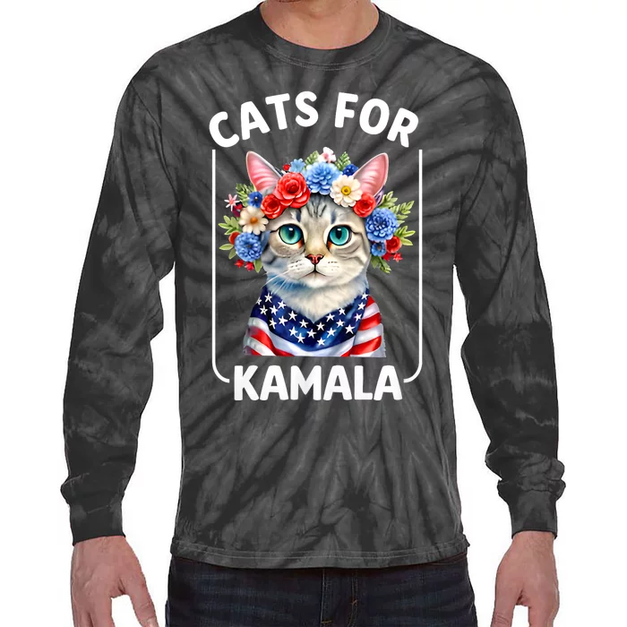 Cat For Kamala Funny Cat With Flowers American Usa Flag 2024 Tie-Dye Long Sleeve Shirt