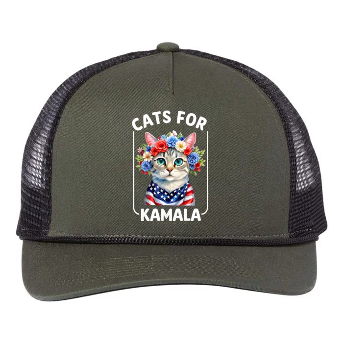 Cat For Kamala Funny Cat With Flowers American Usa Flag 2024 Retro Rope Trucker Hat Cap