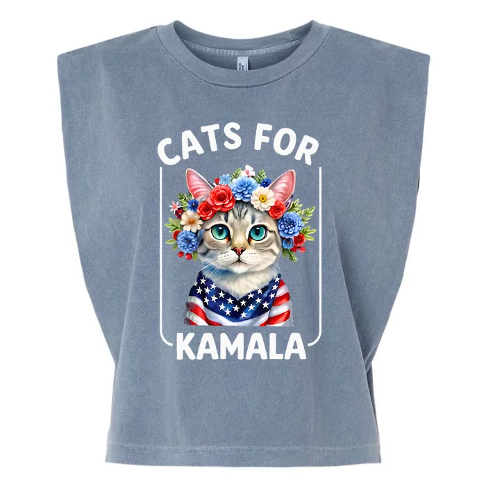 Cat For Kamala Funny Cat With Flowers American Usa Flag 2024 Garment-Dyed Women's Muscle Tee