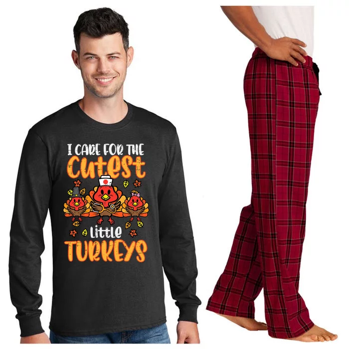 Care For Little Turkeys Nurse Fall Thanksgiving Scrub Top Gift Long Sleeve Pajama Set