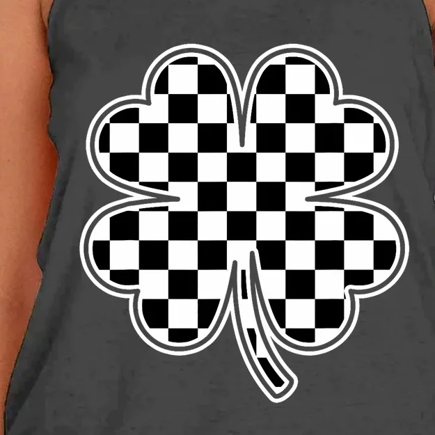 Checkered Four Leaf Clover Race Car Gamer St PatrickS Day Women's Knotted Racerback Tank