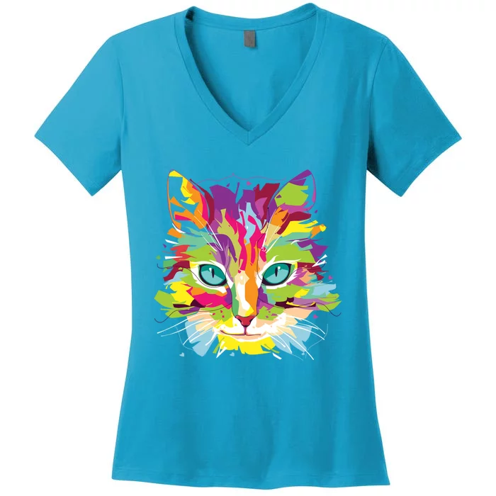 Cat Face Multigiftcolored Art Gift Women's V-Neck T-Shirt