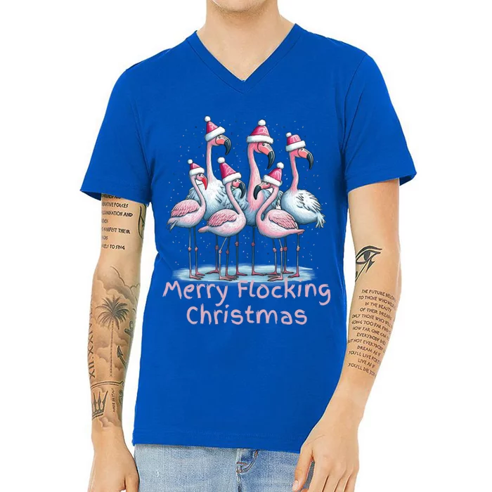 Christmas Flamingos Merry Flocking Christmas Gift V-Neck T-Shirt