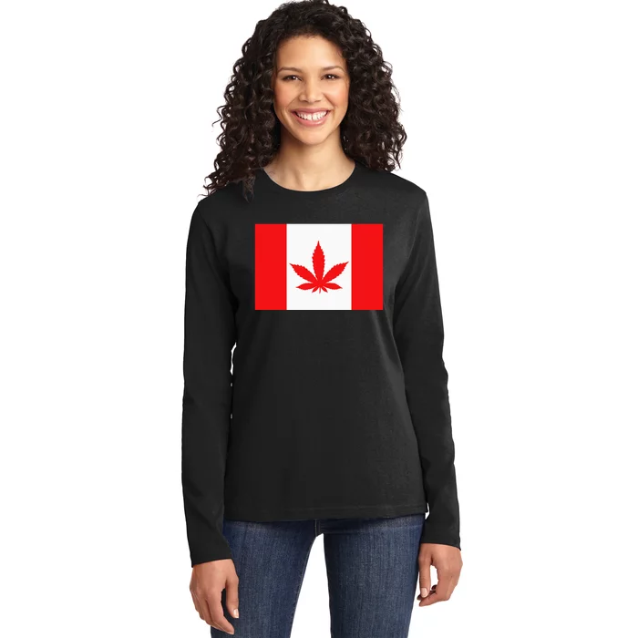 Canada Flag Marijuana Leaf Red Cannabis Canadian Ladies Long Sleeve Shirt