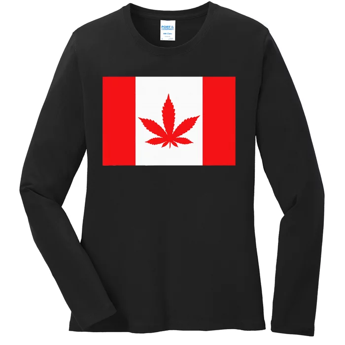 Canada Flag Marijuana Leaf Red Cannabis Canadian Ladies Long Sleeve Shirt