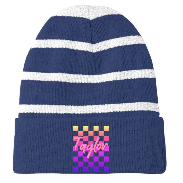 Cute First Name Taylor Boy Girl Striped Beanie with Solid Band