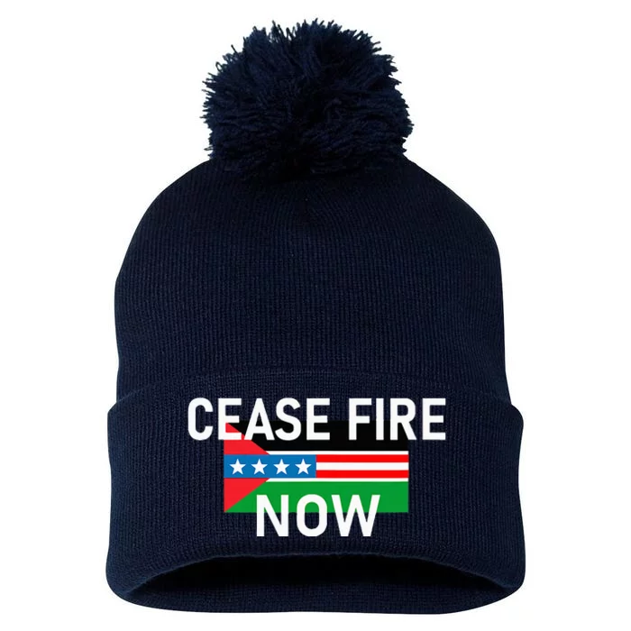 Cease Fire Now Cool Palestine Us Flags Of Solidarity Pom Pom 12in Knit Beanie