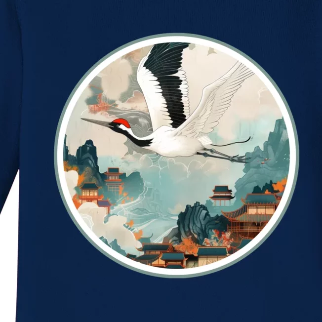 Crane Flying Over A Japanese Fishing Village (V2) Baby Long Sleeve Bodysuit