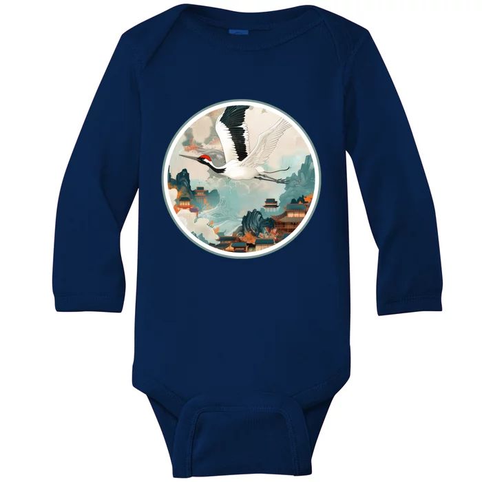 Crane Flying Over A Japanese Fishing Village (V2) Baby Long Sleeve Bodysuit