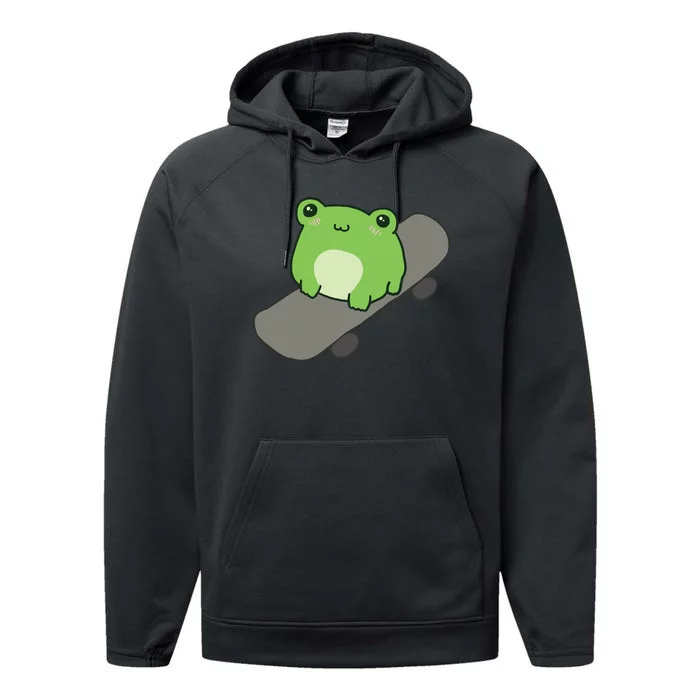 Cute Frog On Skateboard Kawaii Aesthetic Frog Performance Fleece Hoodie