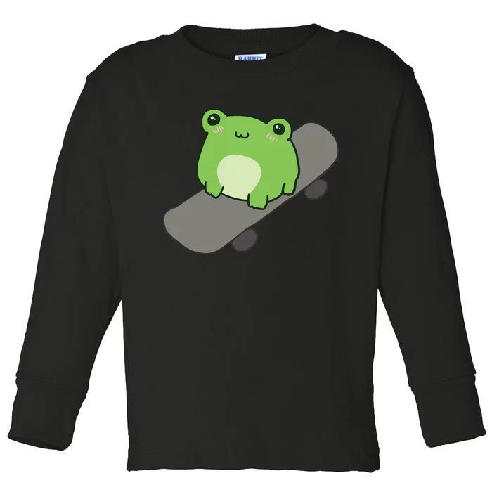 Cute Frog On Skateboard Kawaii Aesthetic Frog Toddler Long Sleeve Shirt