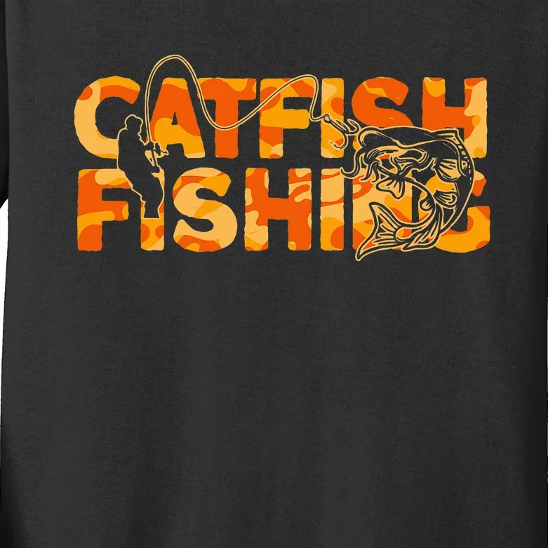 Catfish Fisherman Orange Camouflage Catfish Fishing Kids Long Sleeve Shirt