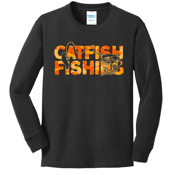 Catfish Fisherman Orange Camouflage Catfish Fishing Kids Long Sleeve Shirt