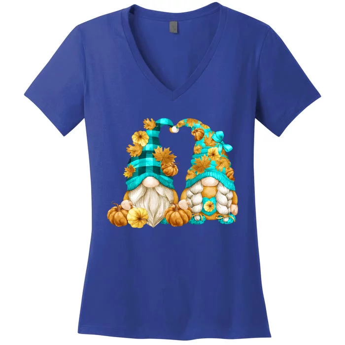 Cute Fall Outfit With Pumpkin Decor And Funny Autumn Gnome Gift Women's V-Neck T-Shirt