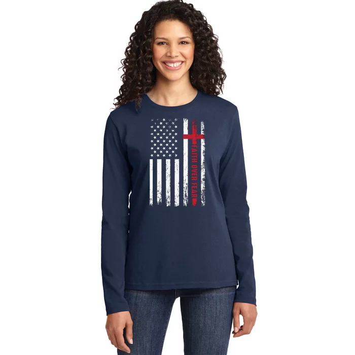 Cool Faith Over Fear USA Flag Ladies Long Sleeve Shirt