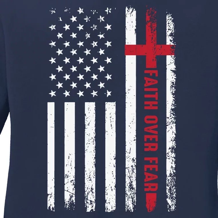 Cool Faith Over Fear USA Flag Ladies Long Sleeve Shirt