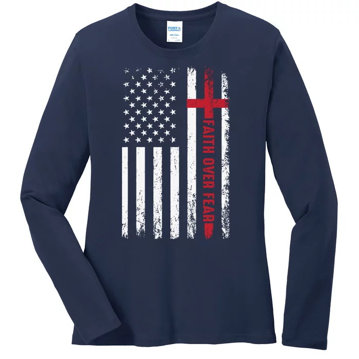 Cool Faith Over Fear USA Flag Ladies Long Sleeve Shirt