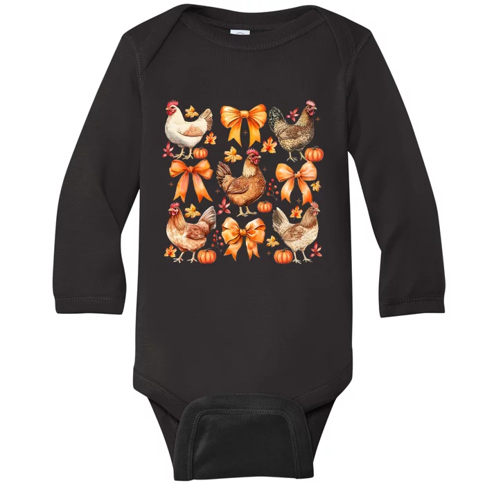 Chicken Fall Pumpkin Coquette Bow Baby Long Sleeve Bodysuit